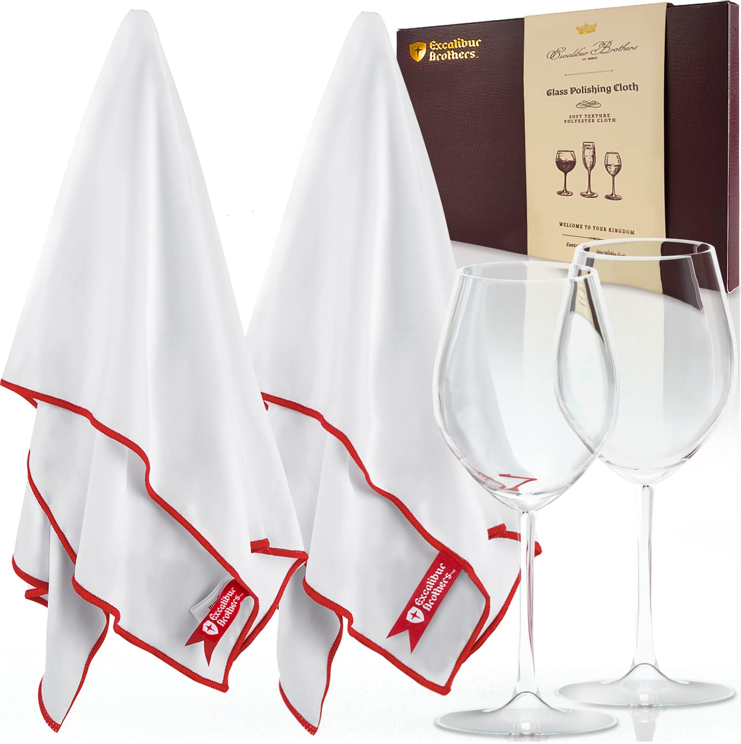 Excalibur Brothers premium glass polishing cloth folded beside a polished wine glass